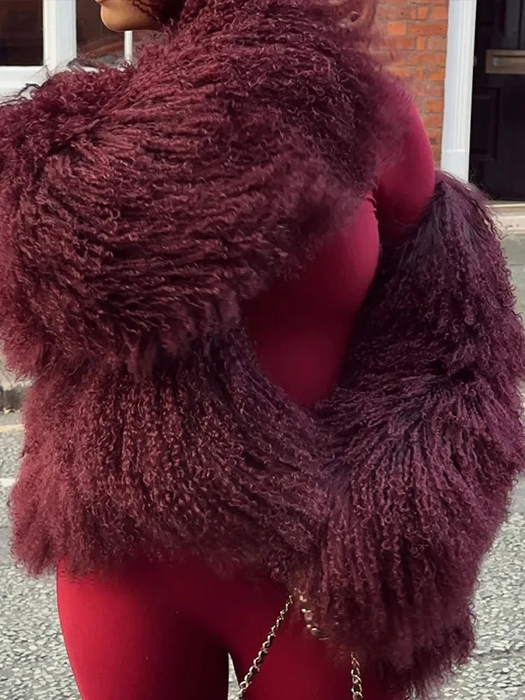 Women Chic Burgundy Fluffy Faux Fur Short Coat Luxury Lapel Thick Warm Furry Jacket 2024 New Lady Fashion High Street Outerwear