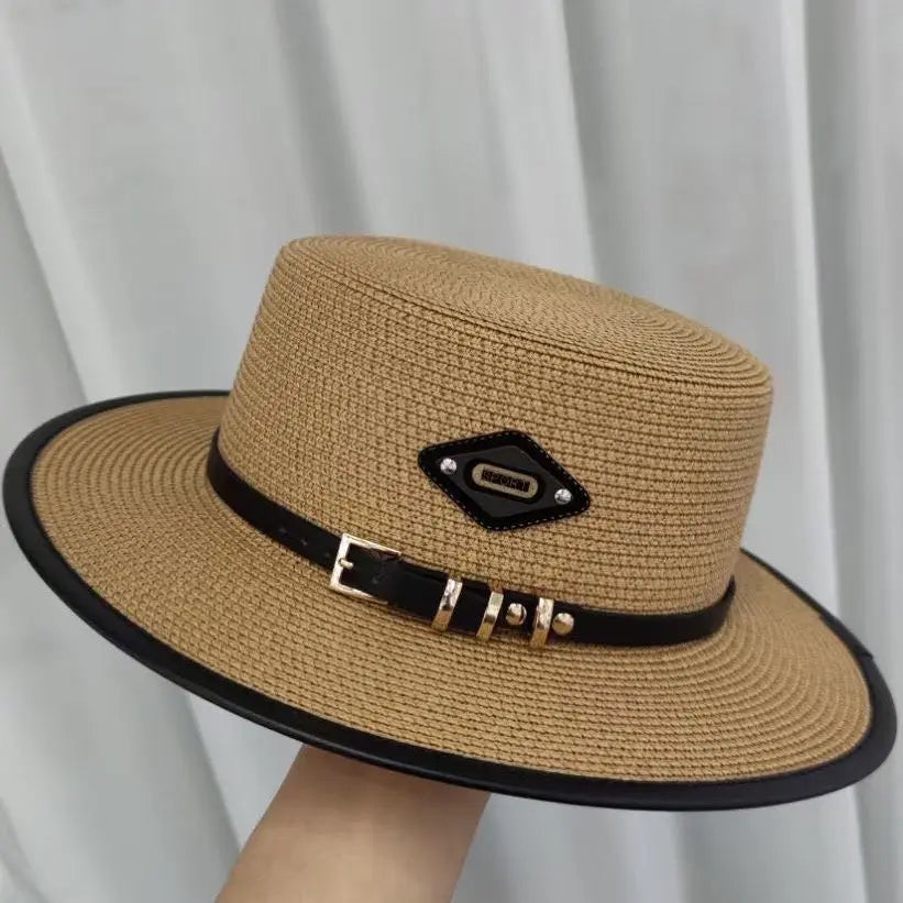 Designer Brand Flat Top Hat Leather Buckle Women's Sun Summer All-in-one Style Holiday Ladies Straw Sun Protection Caps for Men