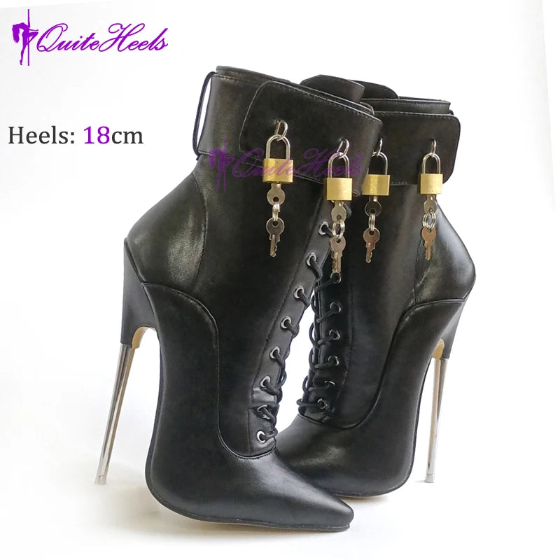 New Sexy 18CM 22cm Super High Heel Metal Stiletto Heels Ladies Pointed Toe Fetish Ankle Boots Strap Wrap Locks Shoes