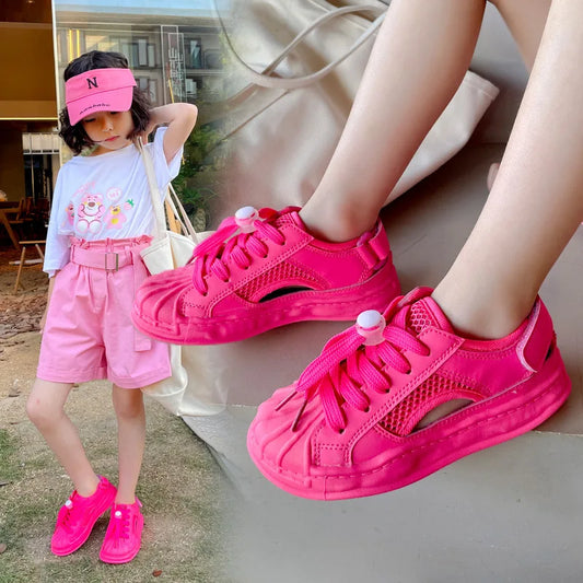 Children's Mesh Sneakers 2022 Summer Kids Fashion Boys' Breathable Running Shoes Hollow Girls Versatile Solid Pink School Shoes