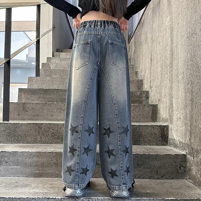 Teens Girls School Children Trousers Five-Pointed Star Design Casual Loose Jeans for Kids Elastic Waist Fashion Straight Pants