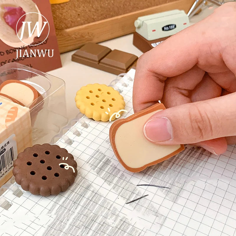 JIANWU Cartoon Simulated Chocolate Biscuit Toast Shaped Eraser Set Creative DIY Journal Student Supplies Stationery