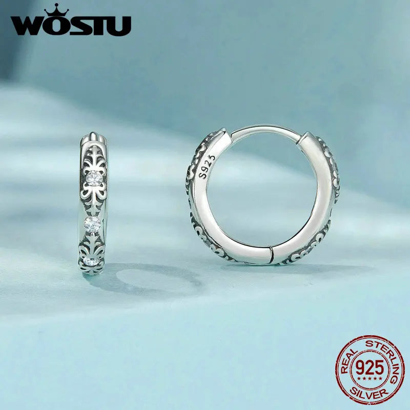 WOSTU Vintage 925 Sterling Silver Retro Flower Earrings For Women Shiny CZ Ear Hoop Gift For Mom's Lady Party Dating Jewelry