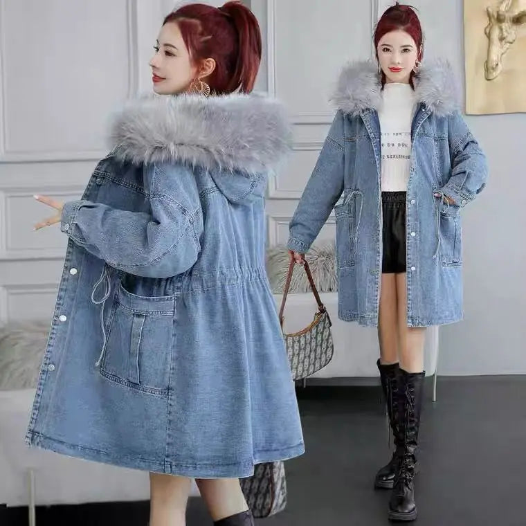 Women Jeans Coat 2024 New Winter Coat Thick Wool Denim Jacket Korea Loose Fur Collar Hooded Long Clothes Female Outerwear R375