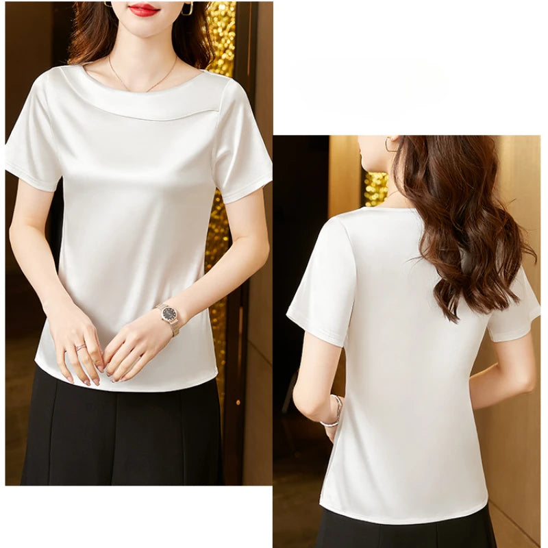 Satin Women Blouse T-shirt Skew Collar Blouses Summer Short Sleeve Womens Tops Solid Elegant Women Clothing OL Shirts for Women