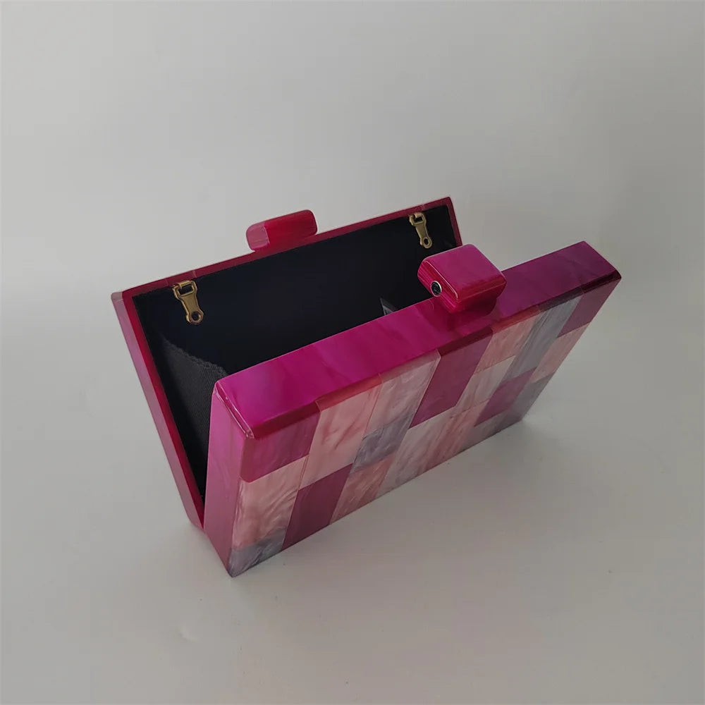 Pearl Hot Rose Pink Plaid Acrylic Box Evening Clutch Bags Wedding Women Dinner Dress Purses Designer Ladies Chain Handbag Chic