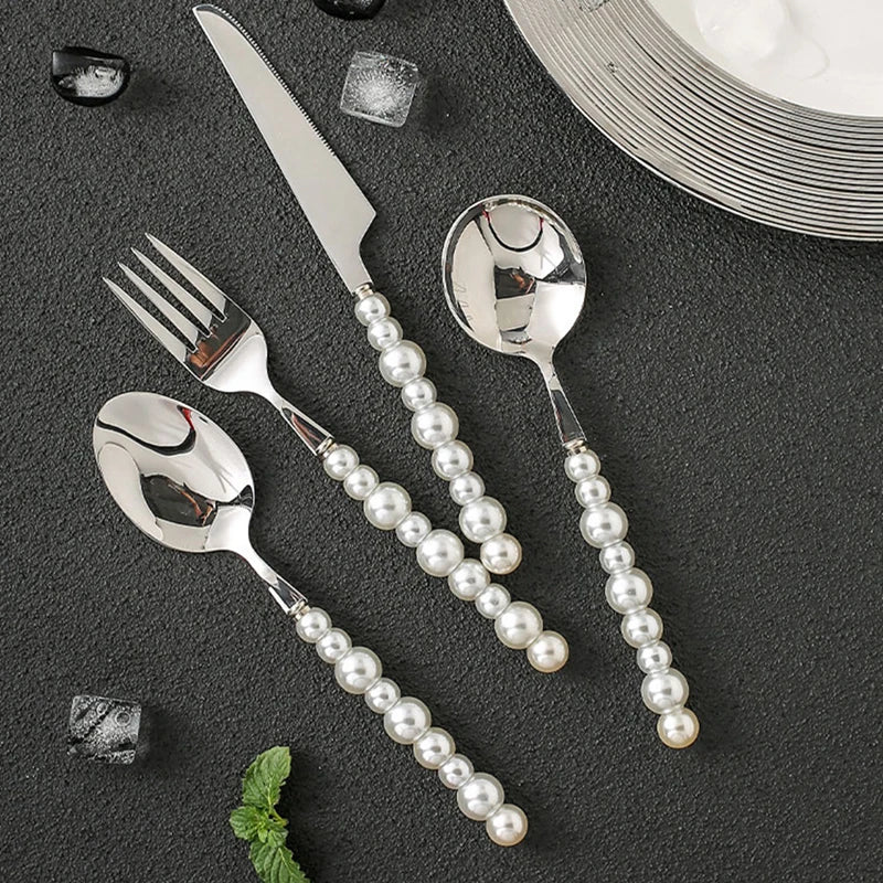 Cutlery Set 18/10 Stainless Steel Tableware Portable Dinnerware Set High Quality Steak Knife Fork Ice Spoon Pearl Flatware Set