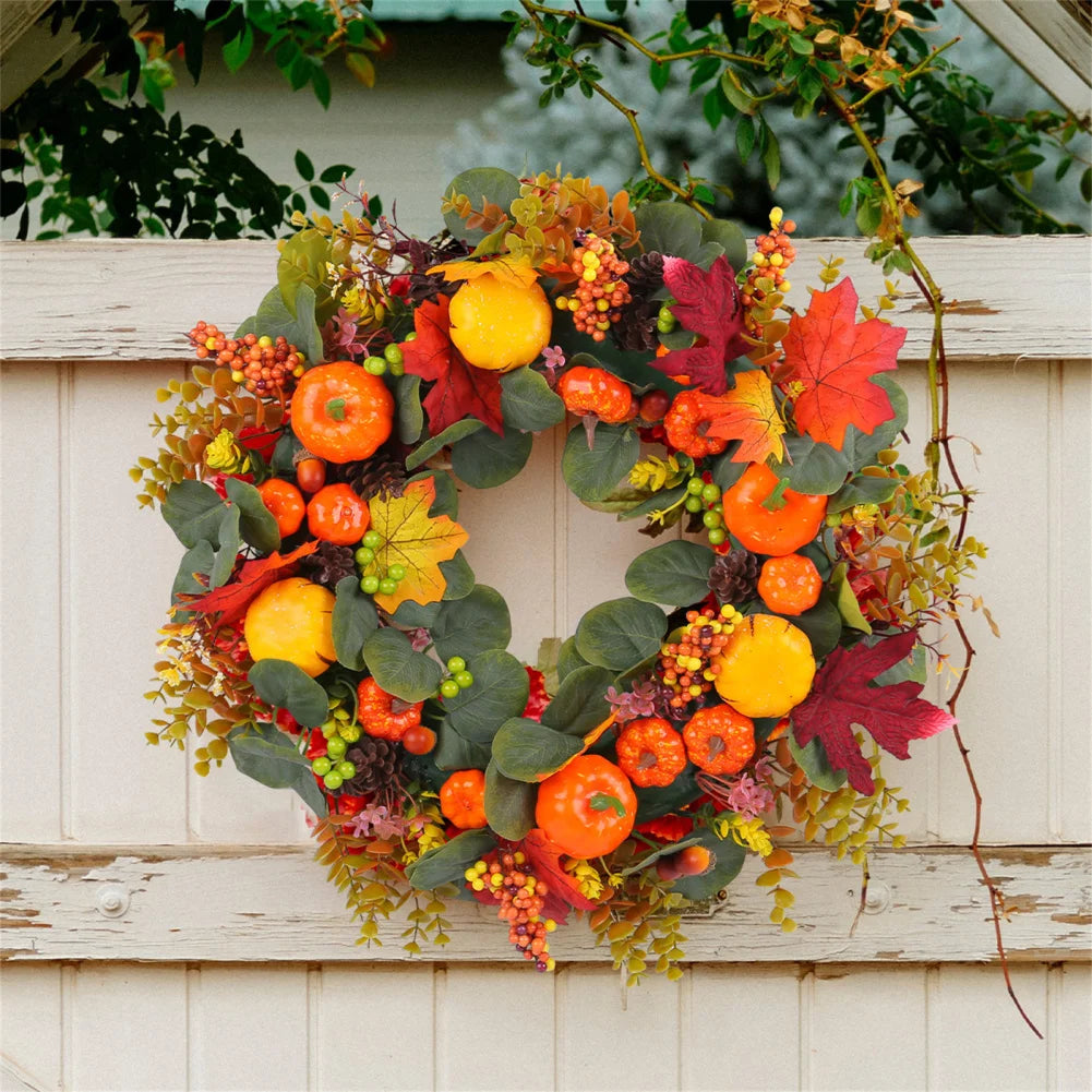 Fall Wreath Artificial Pumpkin Wreaths Wall Hanging, Farmhouse Fall Decorations Eucalyptus Leaves Plump Berries For Harvest