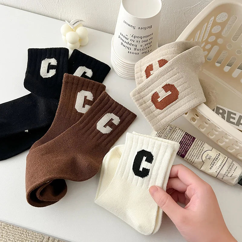 4 Pairs/Lot Autumn Winter High Elastic Simple Children Socks Korean Cotton Letter Solid Color Alphabet Boys Girls Socks 1-12 Y