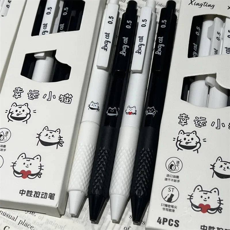 4pcs Kawaii Pens Ballpoint Pen Aesthetic Stationery Cute Pens Lucky Kitten Pen Black Ink School Supplies Pen Set Back To School