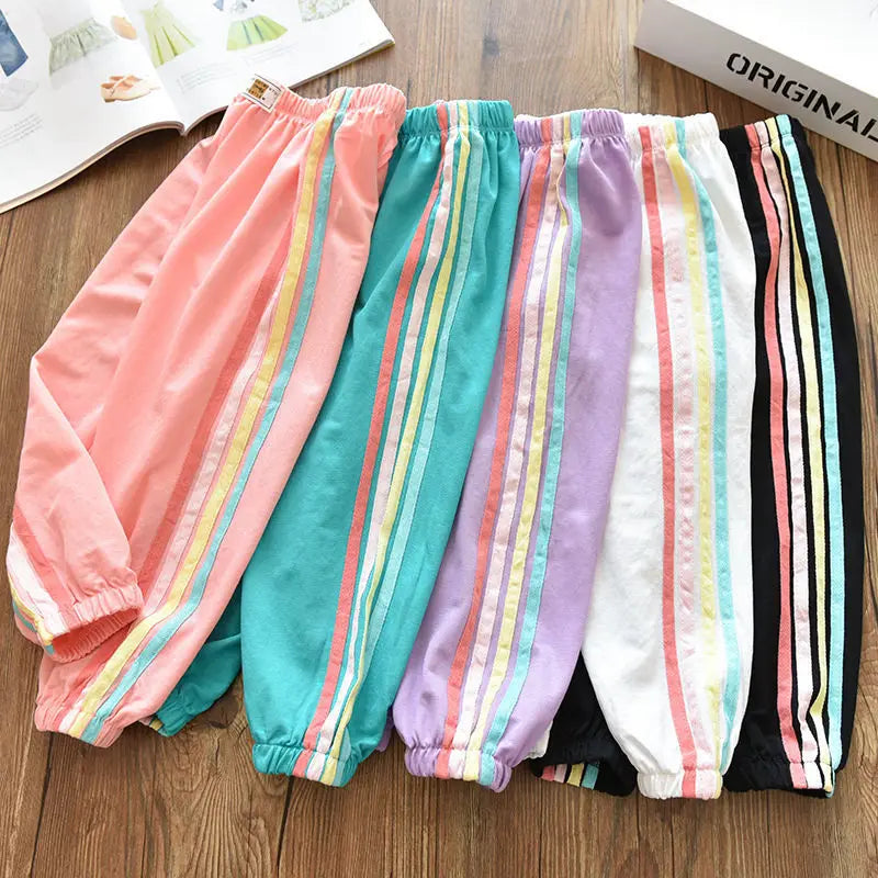 Fall girls' ice silk cotton rainbow striped casual pants Loose large children's baby girls thin tracksuit pants 1 to10 years old