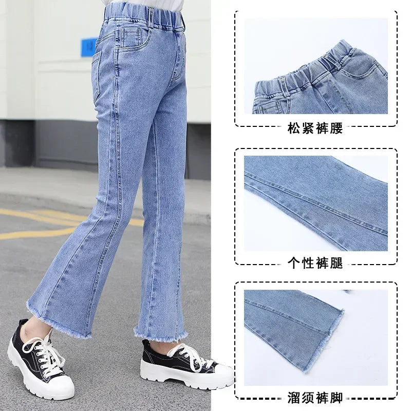 Fashion Patchwork Flared Jeans for Kids Girls Spring Autumn Elastic Waist Denim Pants Children Clothes Teen Baby Casual Trousers