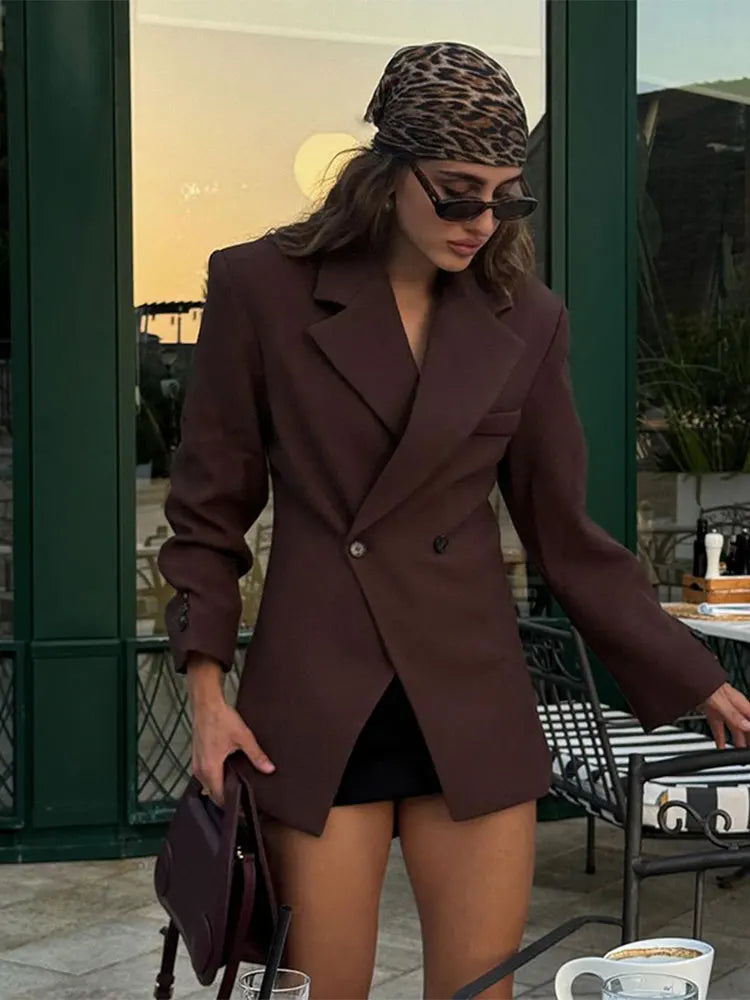 Casual Brown Lapel With Pocket Jacket Woman Fashion Cuff Buttons Long Sleeve Blazer Coat 2024 Lady Autumn High Street Outwear