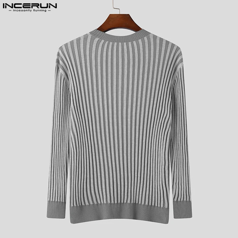 Fashionable Men's Tops INCERUN Knitted Stripe Design Pullovers Autumn Casual Simple All-match O-neck Long Sleeved Sweaters S-5XL