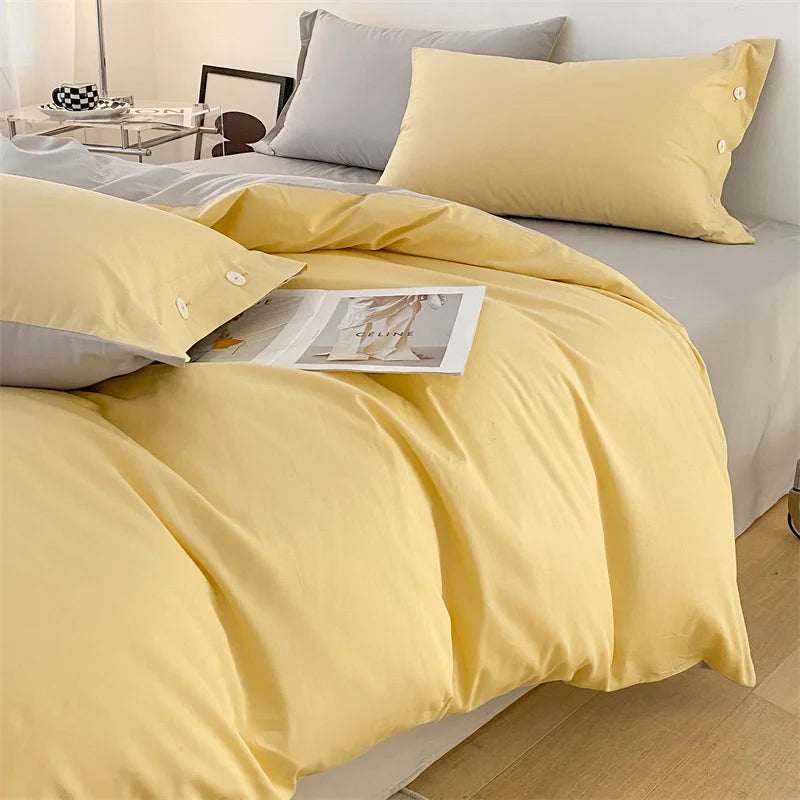 100% Cotton High-Quality Bedding Set,Solid Color Duvet Cover with Zipper, Pillow Sham with Button, Flat Sheet,Bed Set