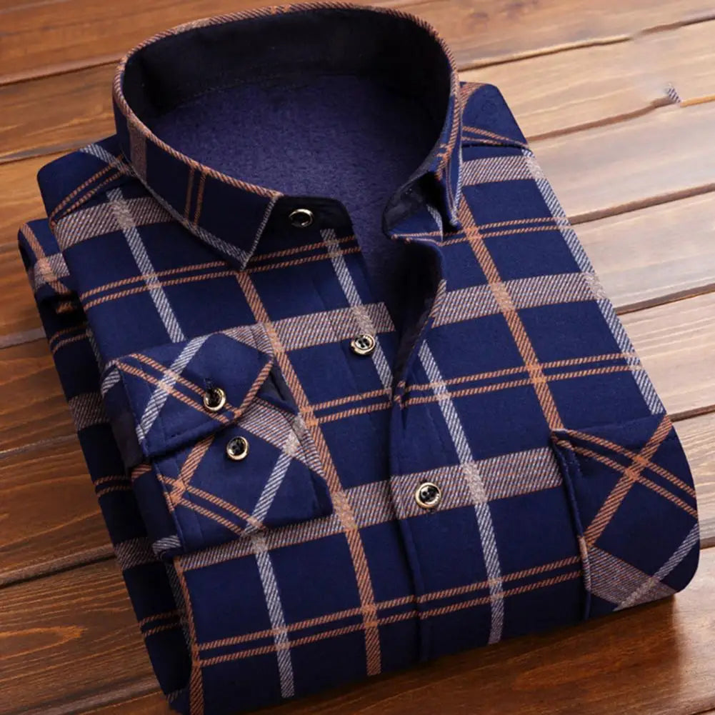 Men Fleece Thermal Shirts Plaid Print Thick Plush Men's Cardigan Shirt for Fall Winter Business Style Lapel Single-breasted