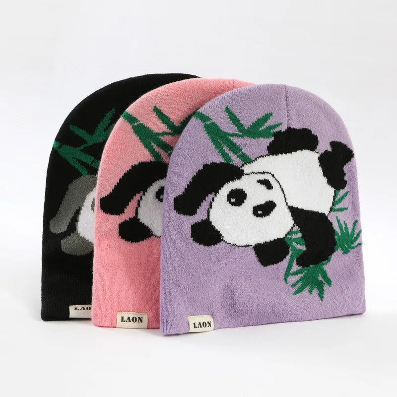 Cute Panda Beanies for Women Girls Autumn Winter Knit Hats Teens Skullies Cap Bonnets Pink Purple Black Y2K Streetwear