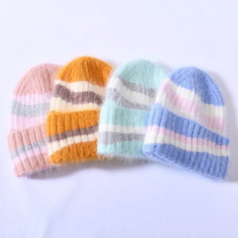 Jxwatcher Winter Long Rabbit Fur Knitted Beanie Hats Ladies Casual Thicken Warm Three Color Joining Together Bonnet Female Fall