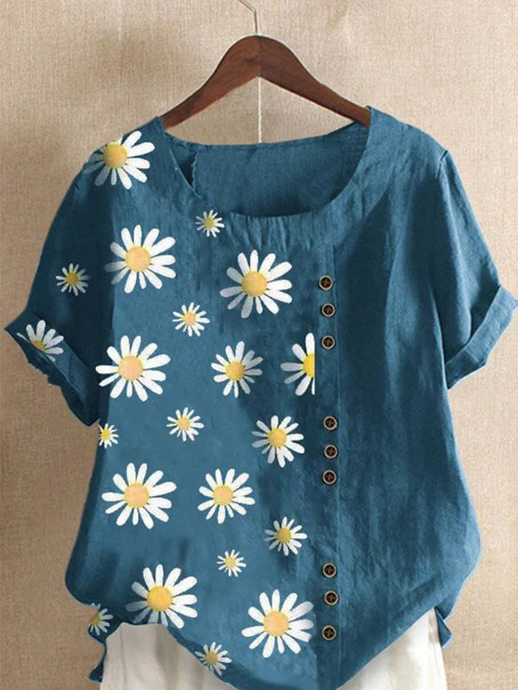 Summer Plus Size Linen Daisy Print Short Sleeve Blouses for Women Polyester Tee Shirts O-Neck Loose Pullover Top Lady Clothes