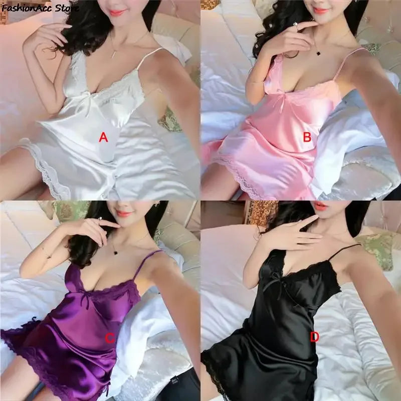 Ladies Silk Sling Nightdress Women's 2024 Summer Sexy Lingerie Satin Nightgowns Sleepshirts Lace Cup V-neck Nightwear Homewear