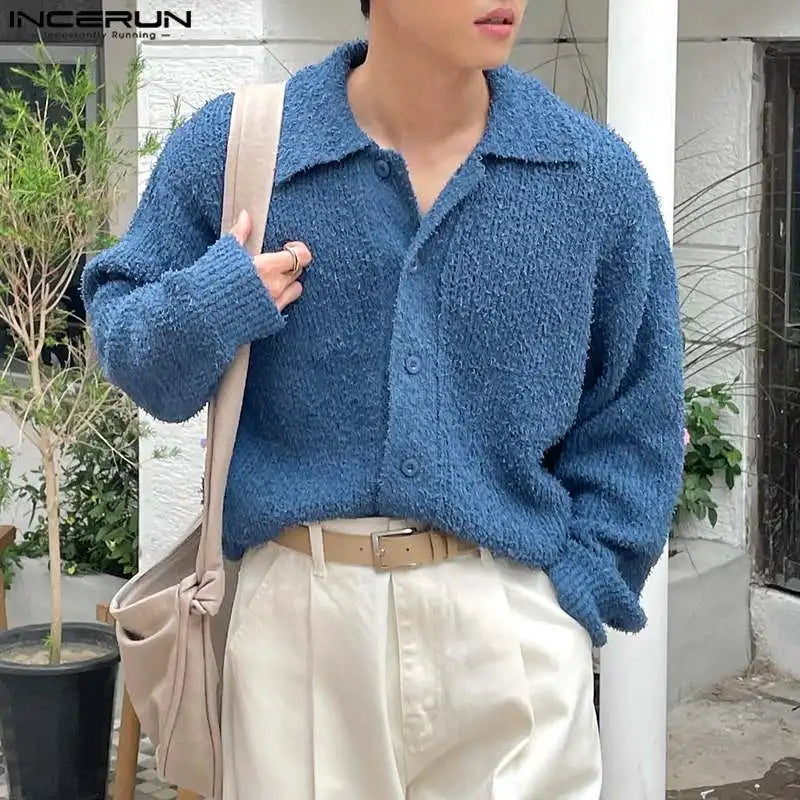 INCERUN Men's Cardigan Solid Knitted Lapel Long Sleeve Button Casual Male Sweaters Streetwear 2024 Fashion Men Clothing S-5XL