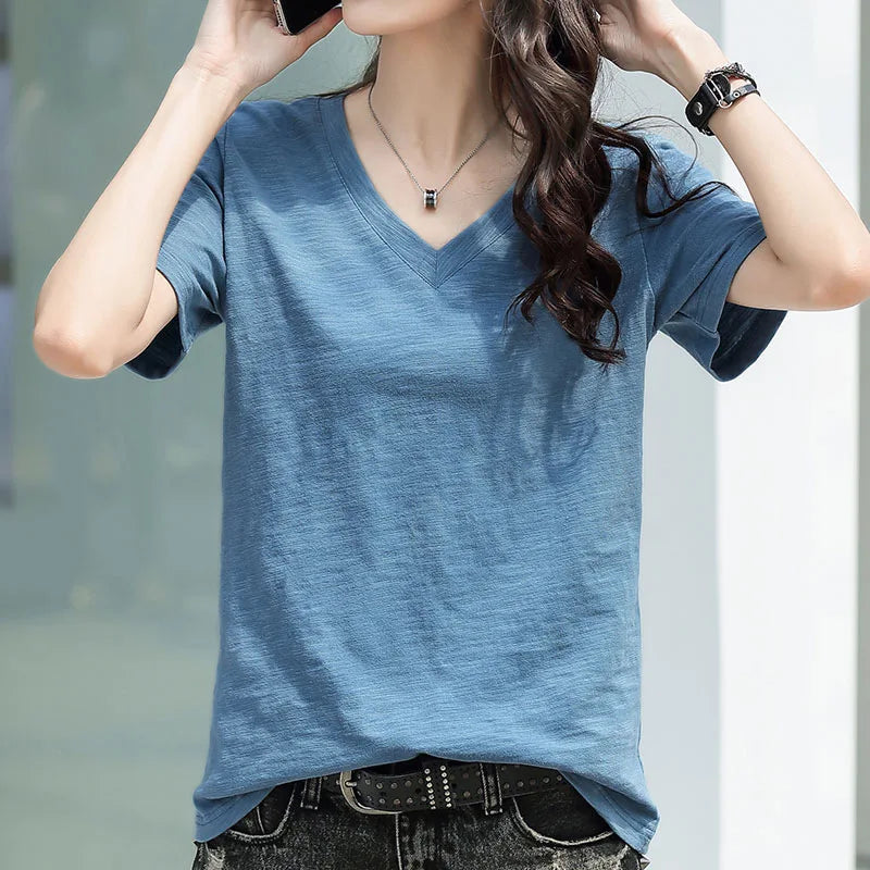 Women's T-shir Short Sleeve Loose New Summer Cotton Blouse V-neck Versatile Solid Color Short Sleeve Fashion Casual Tops