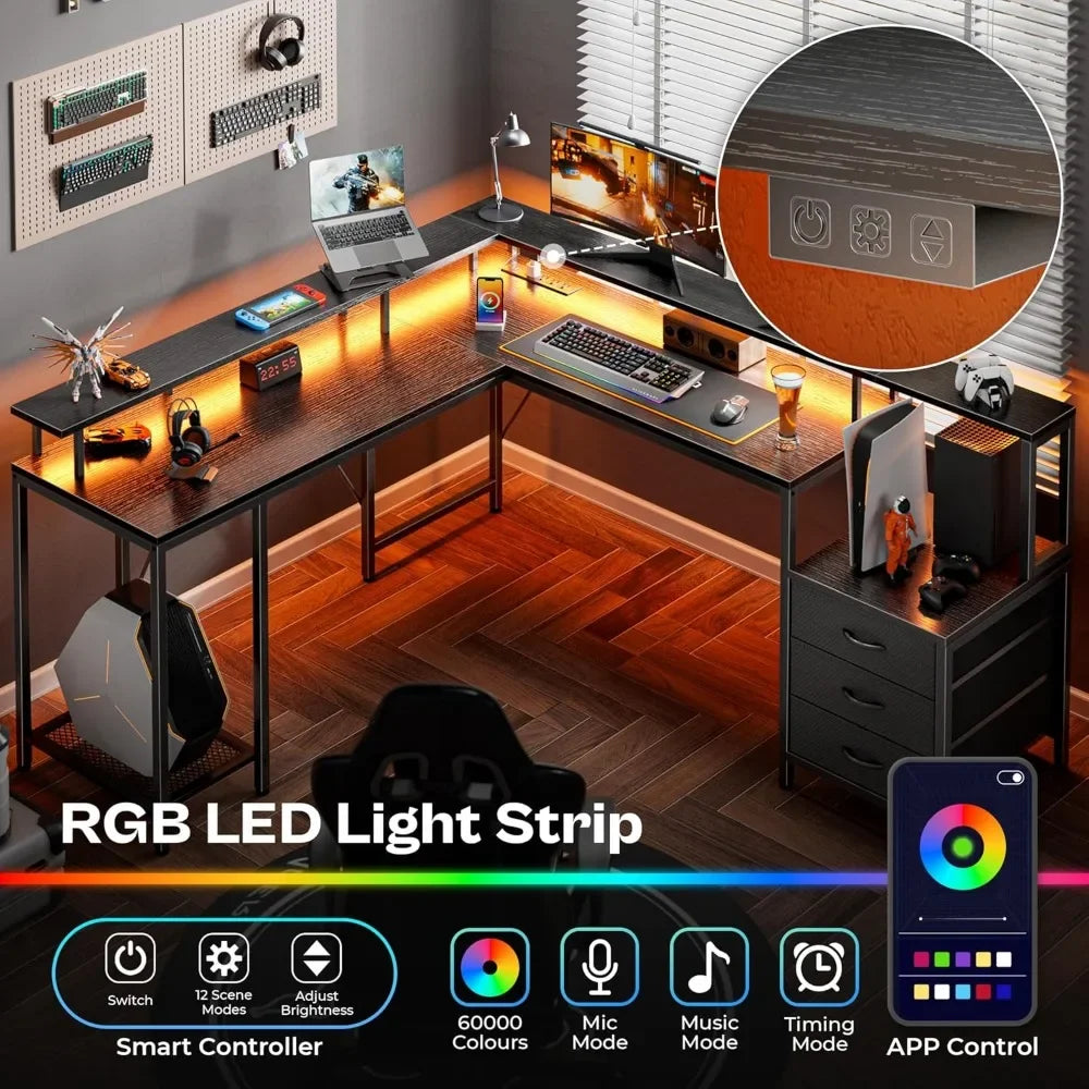 L Shaped Gaming Desk with LED Lights and Power Outlets, Computer Desk with 3 Drawers, 66.1 Inches Corner Desk