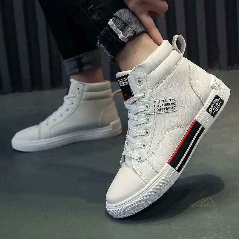 2024New Men's Shoes Fashion Leather Casual Shoes High Top Sneakers Lace Up Training Shoes for Men Non Slip Flats Tenis Masculino