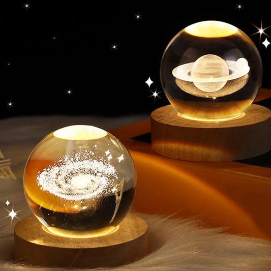 3D Crystal Ball Night Light Glowing Planetary Galaxy Astronaut Table Lamp USB Powered Bedside Light Desktop Decor Christmas Gift