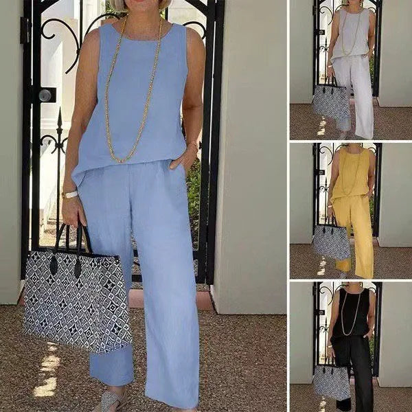 2024 Women's Pant Set Summer Casual Solid Sleeveless Tops And Ankle Length Pants Cotton Linen Two Piece Suits New Ladies Outfit