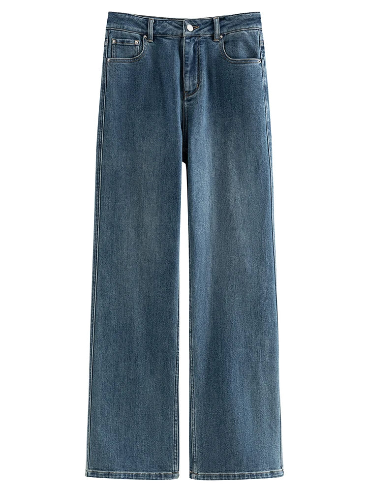 FSLE Casual Versatile Narrow Cut Straight Leg Jeans Look Slimmer Retro Washed High Waisted Pants 24FS11297