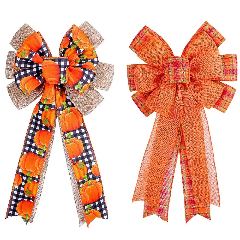 Striped Bow Fall Wreath Bow Rustic Cloth Thanksgiving Pumpkin Bow DIY Handmade Ribbon Bowknot Decorations Harvest Festival