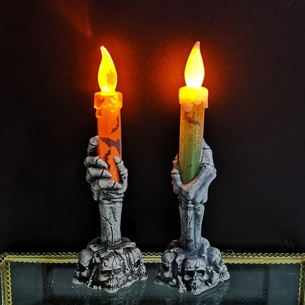 Halloween Flameless Candle Battery Operated LED Candle Light with Skeleton Hand for Holiday Home Decor Horror Theme Party