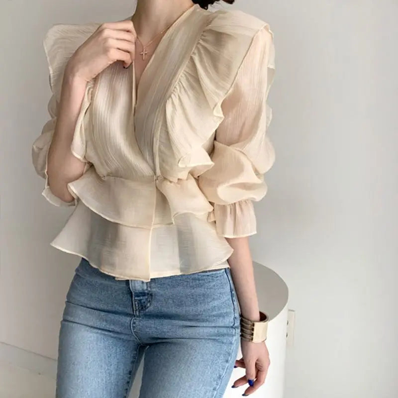 Women Vintage Ruffles Design Elegant Blouse Autumn Fashion V Neck Chic Chiffon Shirts Solid Long Sleeve Gothic Tops Slim Blusas