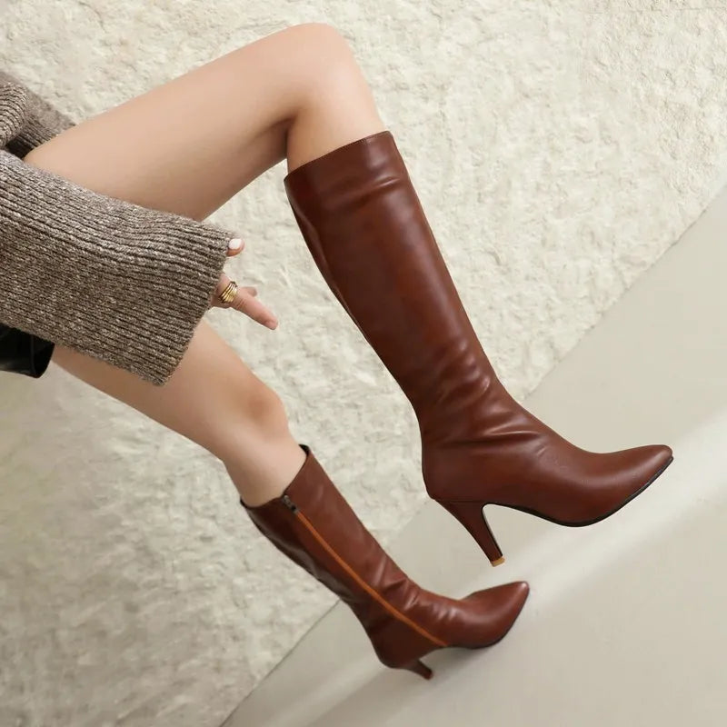 SIMLOVEYO Women Knee High Boots Pointed Toe Small Heels 8.5cm Size 45 46 47 Fashion Sexy Party Female Booties