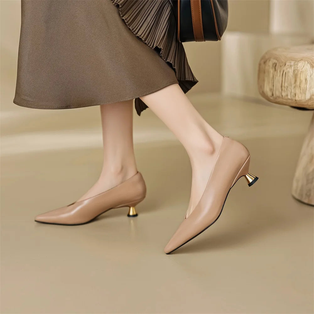 Taoffen Spring/Autumn Women's Pumps Real Leather Pointed toe High Heel Fashion Slip On Thin Heels Solid Casual Office Lady Shoes