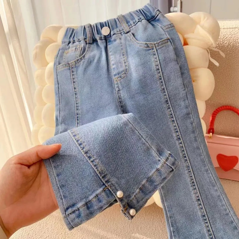 New Spring Fall Baby Girls Elasticity flared pants Girls' washed cotton jeans Kids all-match casual Trumpet Trousers