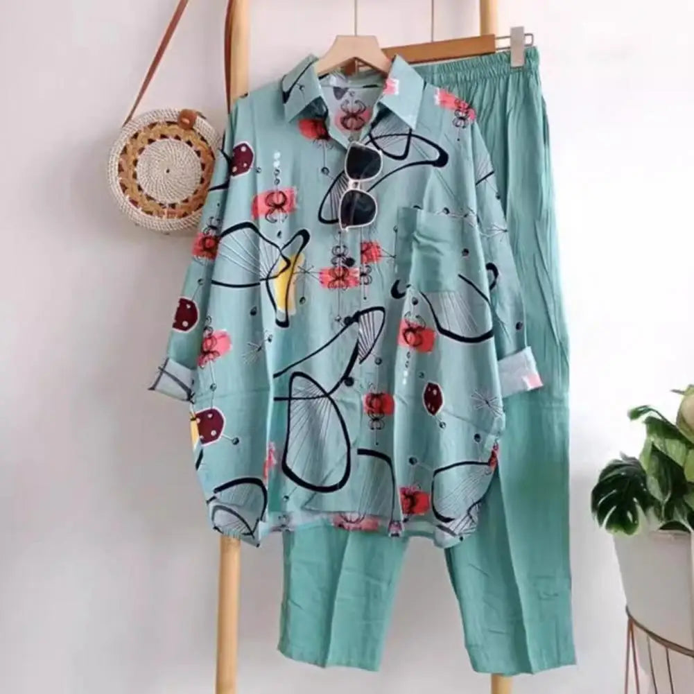 Loose Fit Women Suit Colorful Print Women's Shirt Pants Set with Long Sleeve Blouse Wide Leg Trousers Casual Daily for Ladies