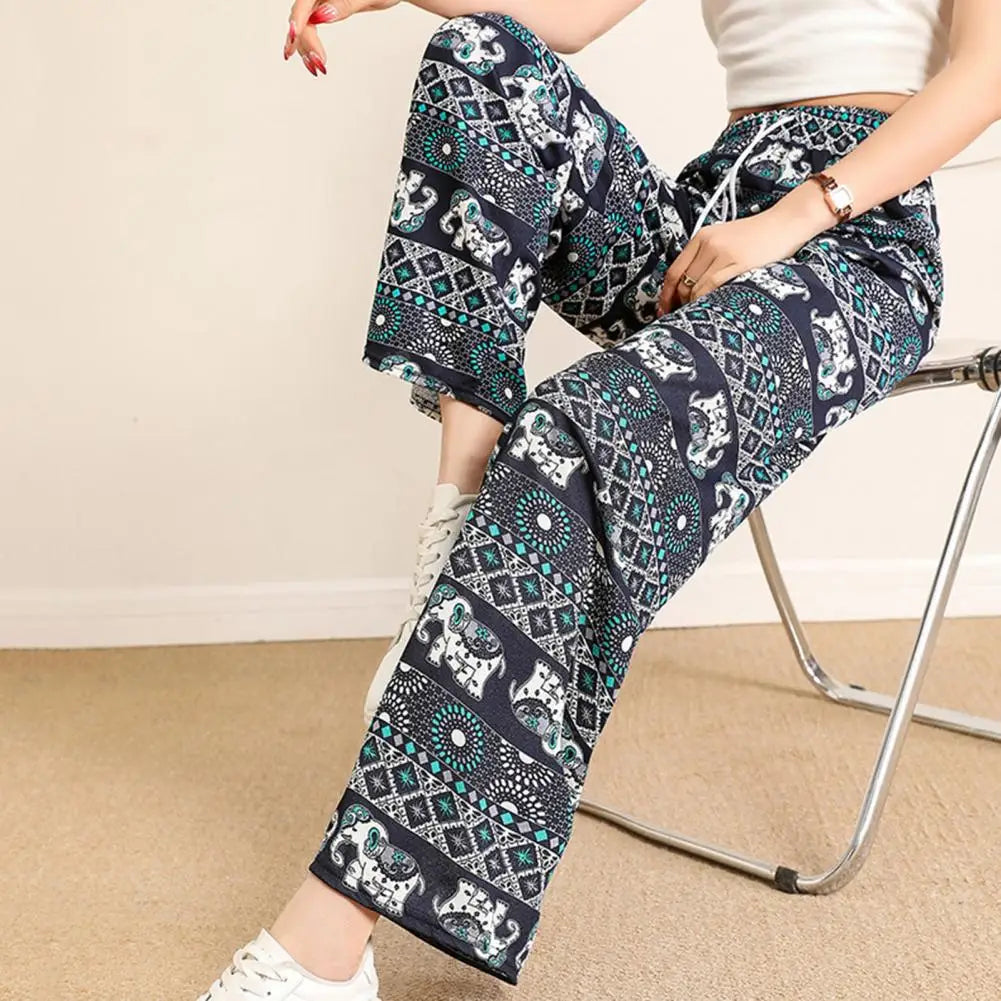 Retro Elephant Print Straight Wide Leg Pants Long Pants Thin Lady Slacks Soft Sweat Absorbing Oversized Casual Pants Loose Pants