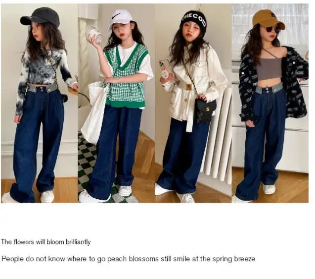 New Baby Girl Spring Autumn Wide Leg Jeans Children Patchwork Casual Denim Pants Kids Loose Fashion Trousers Teenage Clothes 600