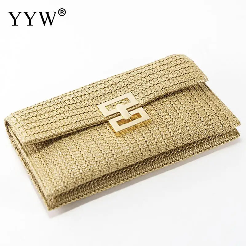 Straw Envelope Evening Party Handbag Fashion Women Weave Pattern Gold Clutch Messenger Purses Lady Daily Commuting Wallet Bags