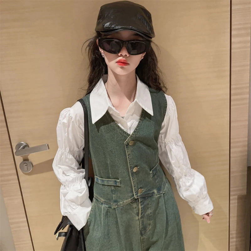 French Children Girl Jeans Suit Denim jumpsuit+White cotton Blouse shirt Puff Sleeve 2Pcs teen kids Girls Clothes set outfit