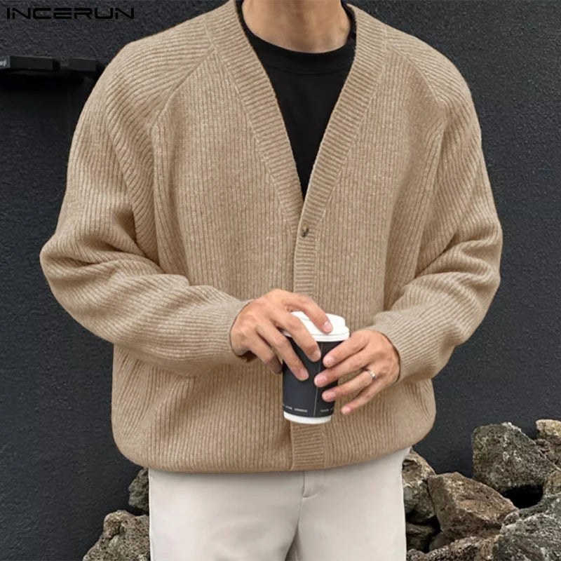 2024 INCERUN Korean Fashion Long Sleeve Tops Men V-neck Elegant Cardigan Vintage Style Simple Coats Warm Loose Sweaters S-5XL