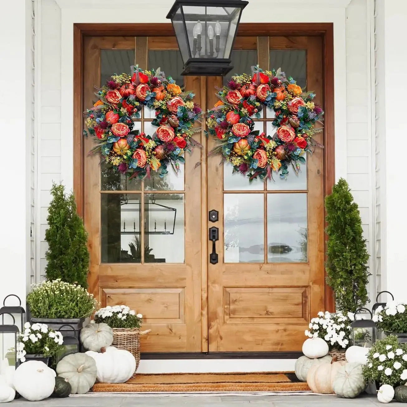 40cm Fall Peony and Pumpkin Wreath Simulation Garland for Front Door Farmhouse Decor Festival Celebration Thanksgiving Wreath