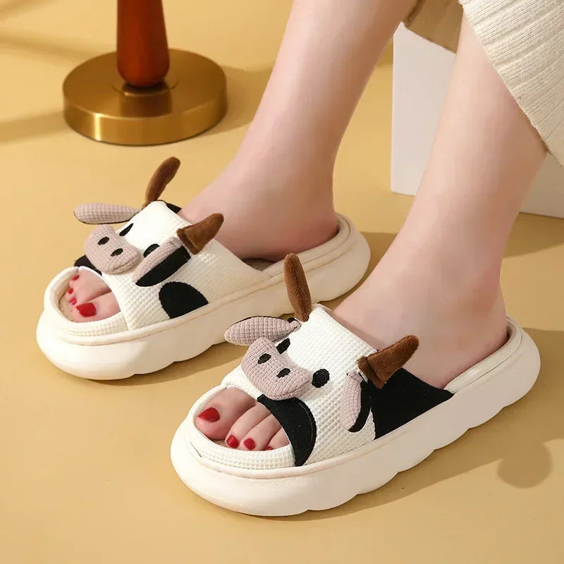 Ladies Home Slippers Linen Comfortable, Soft and Lightweight Cotton Slippers Cute Cartoon Cow Couple Slippers Shoes for Women