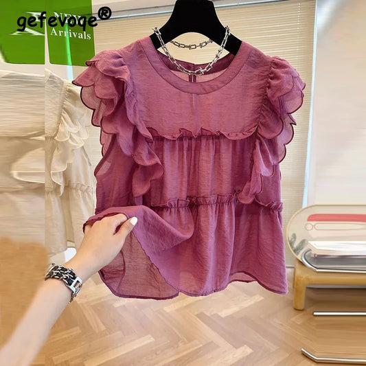 2023 Women Summer Trendy Ruffle Sweet Chic Blouses Casual Solid O Neck Sleeveless Loose Shirts Y2K Kawaii Streetwear Tops Blusa