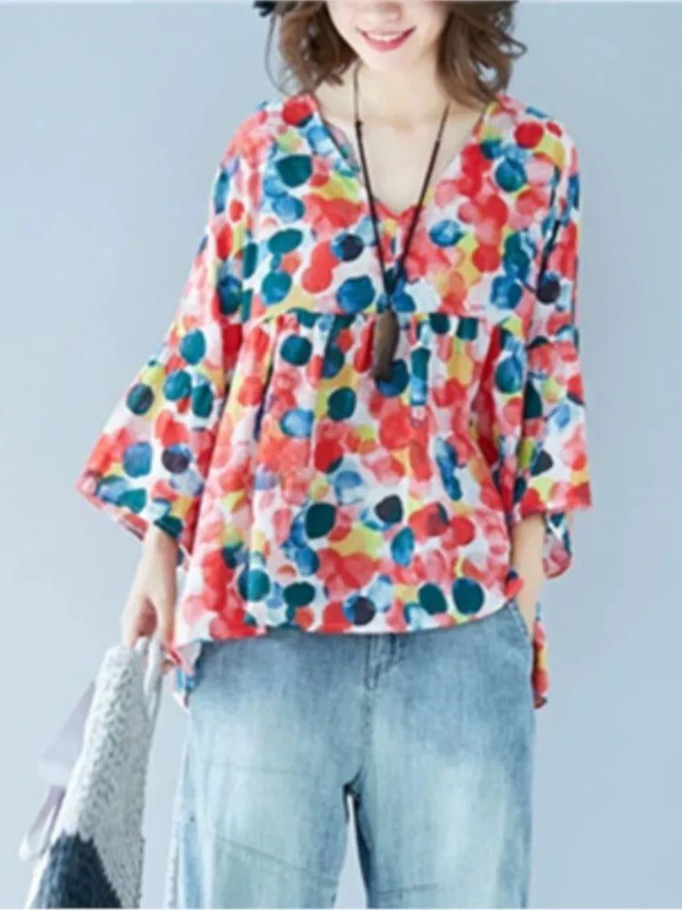 Oversized Summer Flower Print Pullover T-Shirt Tops Women Ruffle Modis Irregular Pleated Ladies Cropped Blouses Loose Woman Tops